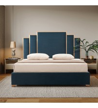 Austin Bed Frame Polyester Turquoise Fabric Padded Upholstery High Quality Slats Polished Stainless Steel Feet